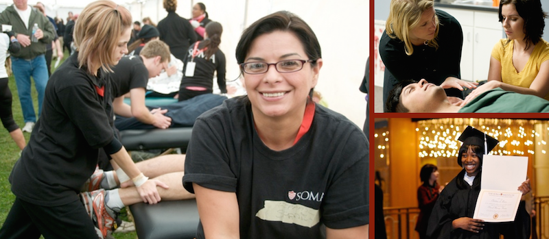 Soma students train hands-on, offering massage and health & wellness coaching services